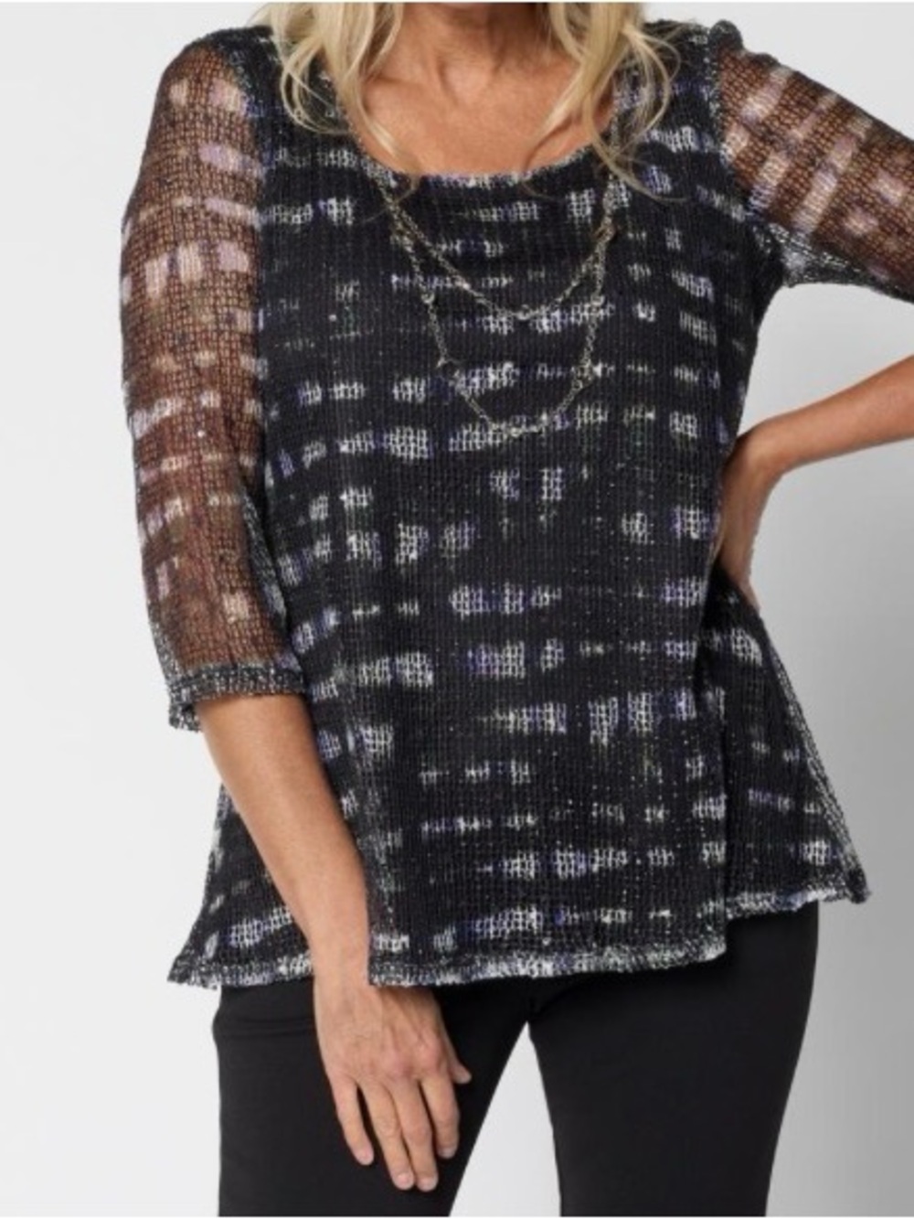 Nina Leonard Black silver grey sequin mesh top with removable necklace